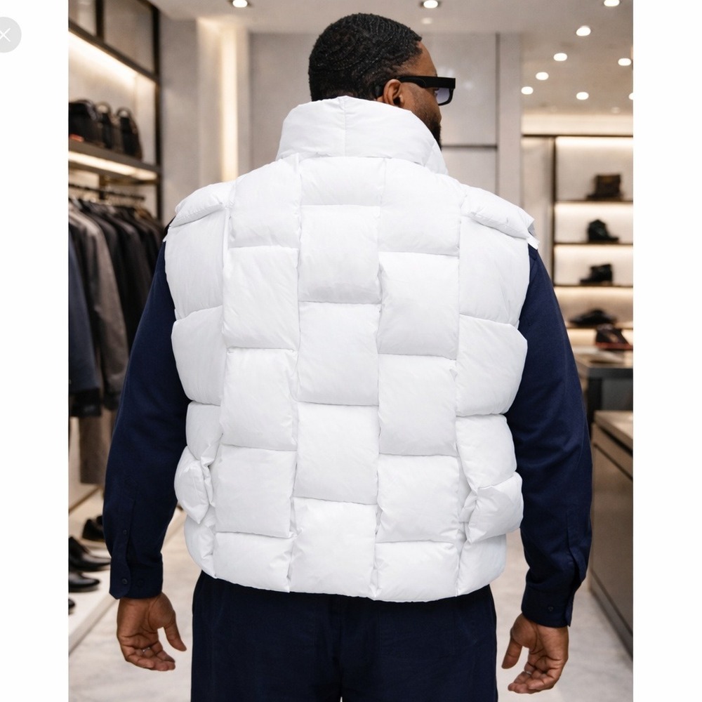 Mens White Oversized Woven Puffer Vest Cassette Quilted Sleeveless‎ Jacket - Picture 4 of 4